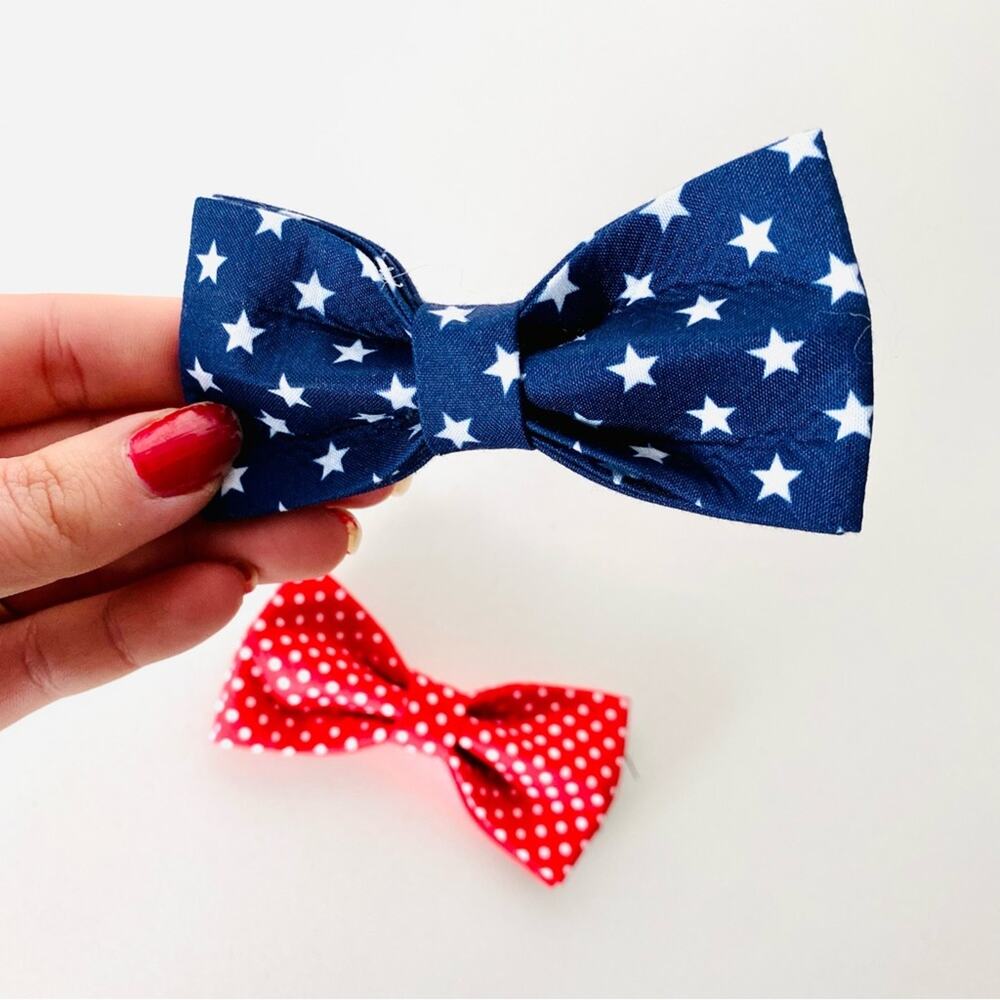 NEW HANDMADE Navy Blue Stars White Red Polka Dot Dog Cat Collar Elastic Bow Tie